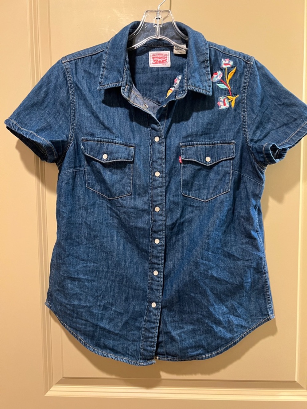 Levi's Blue Denim Short-Sleeve Snap Shirt with Floral Embroidery